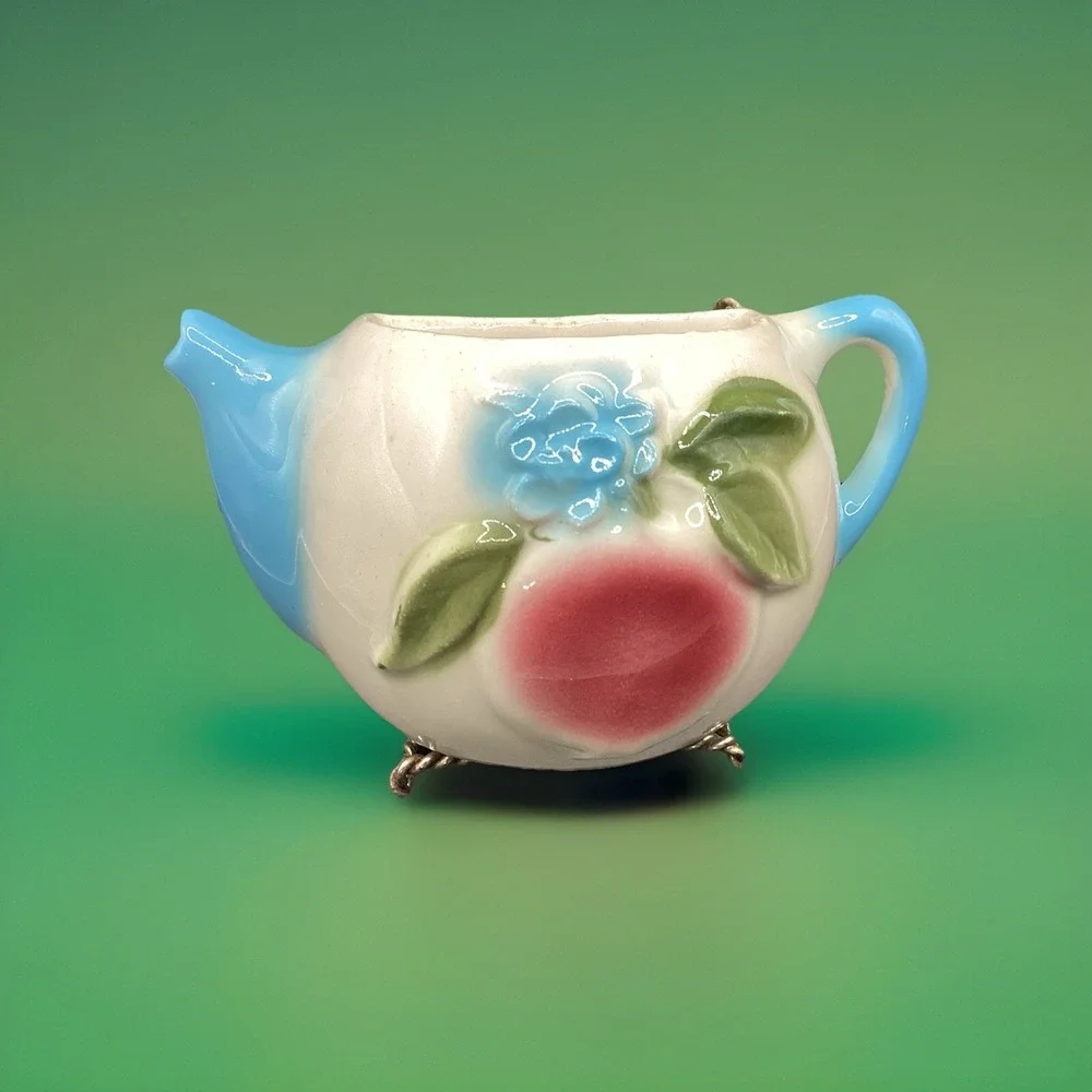 Vintage 1950's Pottery Teapot Wall Pocket Planter Fruit & Floral Ceramic